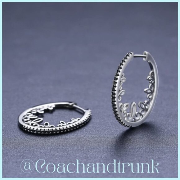 Filigree Silver Black Spinel Sim Channel Set Vintage Style Hoop Earrings NWT - Picture 3 of 6